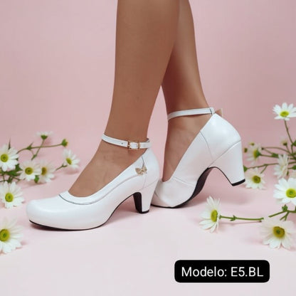 Zapatos de mujer taco bajo blanco (E5.BL)