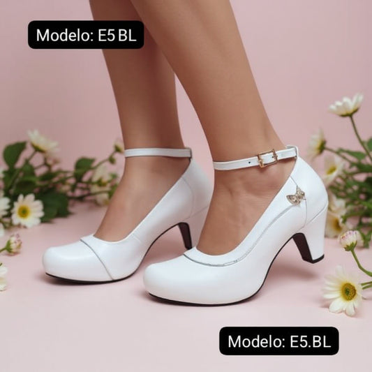 Zapatos de mujer taco bajo blanco (E5.BL)