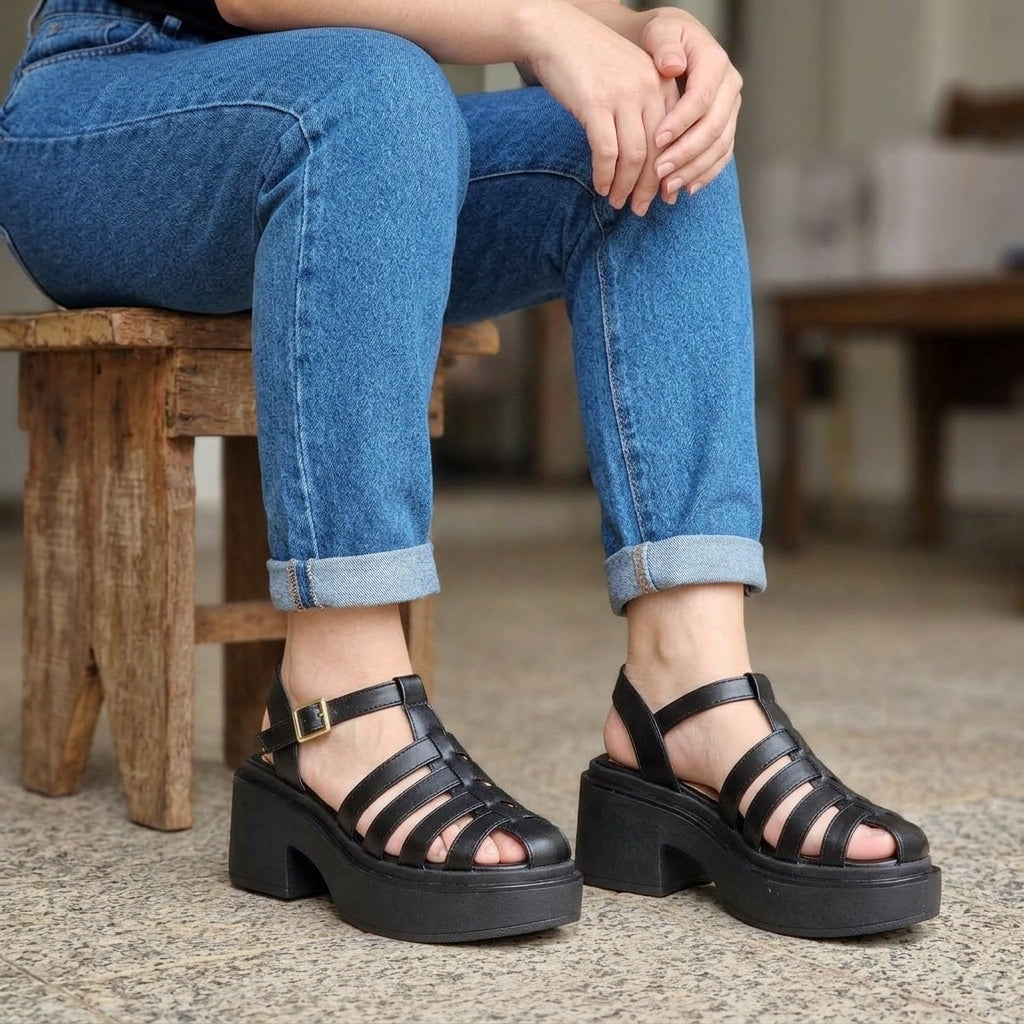 Sandalia Plataforma Negra Taco Ancho - Cangrejera con Hebilla Dorada (SL159.E)