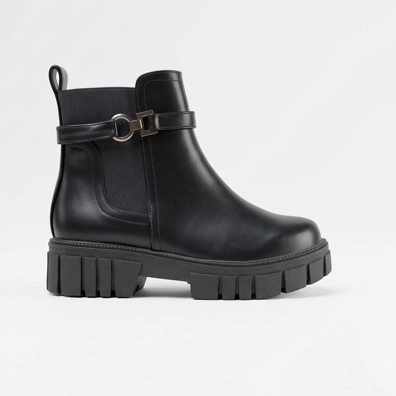 Botines de Mujer Negro Taco Bajo Con Hebilla(BA153.E)