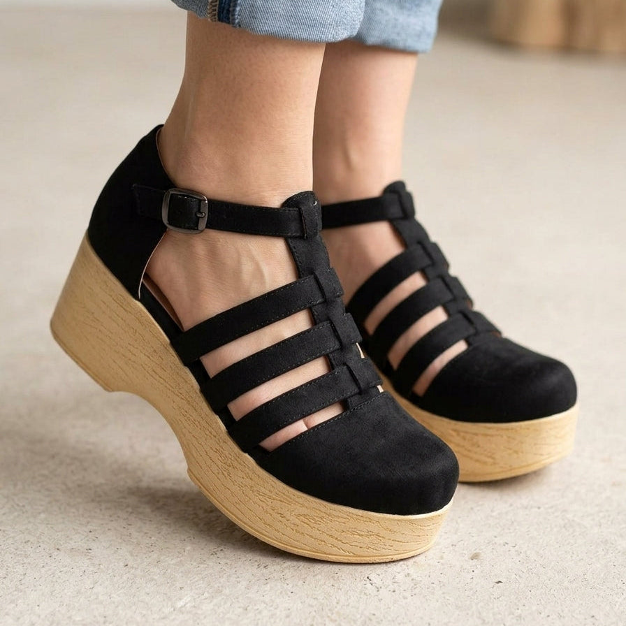 Sandalia Plataforma Negra Taco Ancho con Tiras - Cómoda Verano (SL167.N)