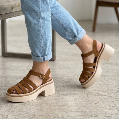 Sandalia Plataforma Café Camel Taco Ancho - Cangrejera Cómoda (SL159.CA)