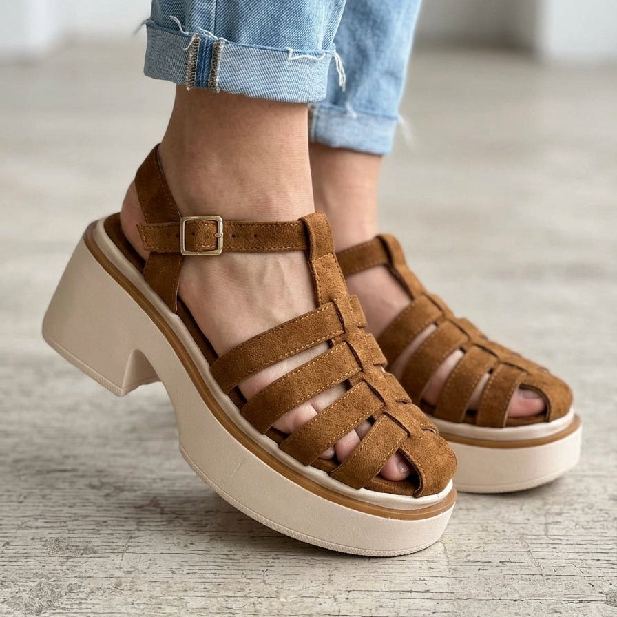 Sandalia Plataforma Café Camel Taco Ancho - Cangrejera Cómoda (SL159.CA)