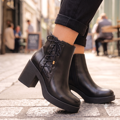 Botines Negro Mujer Taco Grueso  Plataforma Cordones Laterales (BA80.E)