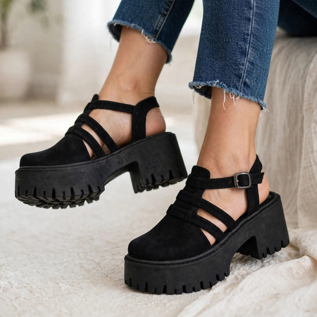 Sandalia Mujer Plataforma Negro Calada (SL90.N)