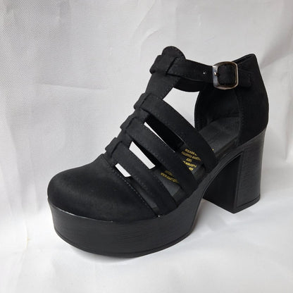 Sandalia Plataforma Negra Gamuza Con Taco Grueso Modelo Calado (SL101.N)