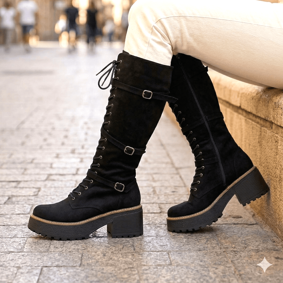 Bota de Mujer Alta Con Hebilla y Cordones (BT54.N) - Gabybru Calzados