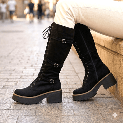 Bota de Mujer Alta Con Hebilla y Cordones (BT54.N) - Gabybru Calzados