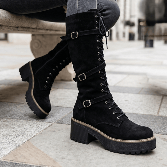 Bota de Mujer Alta Con Hebilla y Cordones (BT54.N) - Gabybru Calzados