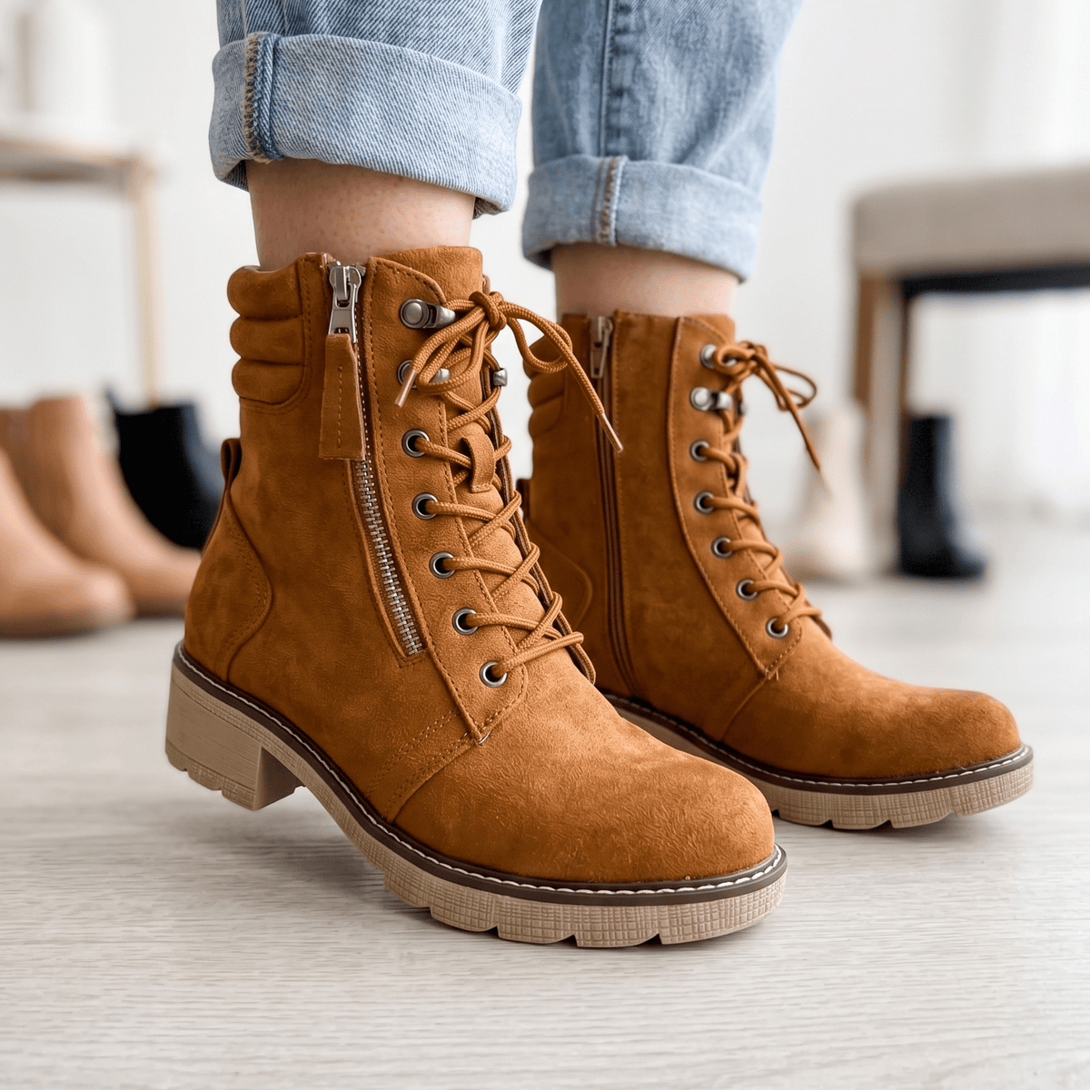 Botin Camel Cordones Sueder Mujer Con Cierre(BA156.CA) - Gabybru Calzados