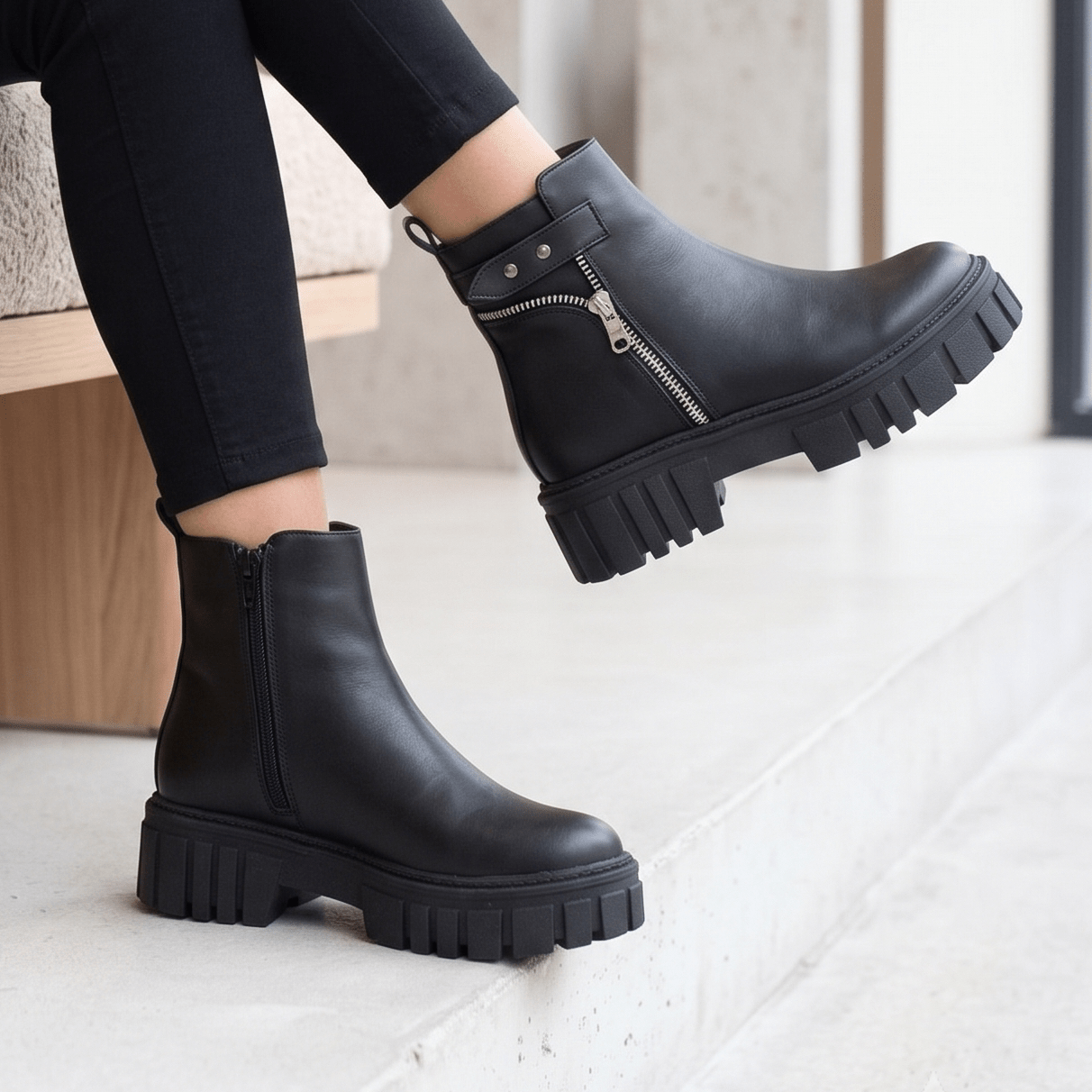 Botin De Mujer Negro Eco cuero Plataforma Chunky (BA143.E) - Gabybru Calzados
