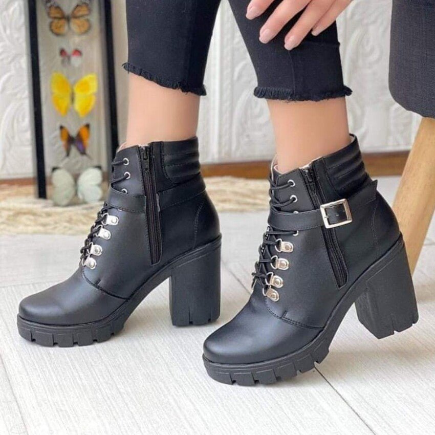 Botin de Mujer Negro Estilo Militar Taco Grueso(BA43.N) - Gabybru Calzados