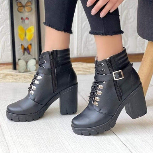 Botin de Mujer Negro Estilo Militar Taco Grueso(BA43.N) - Gabybru Calzados