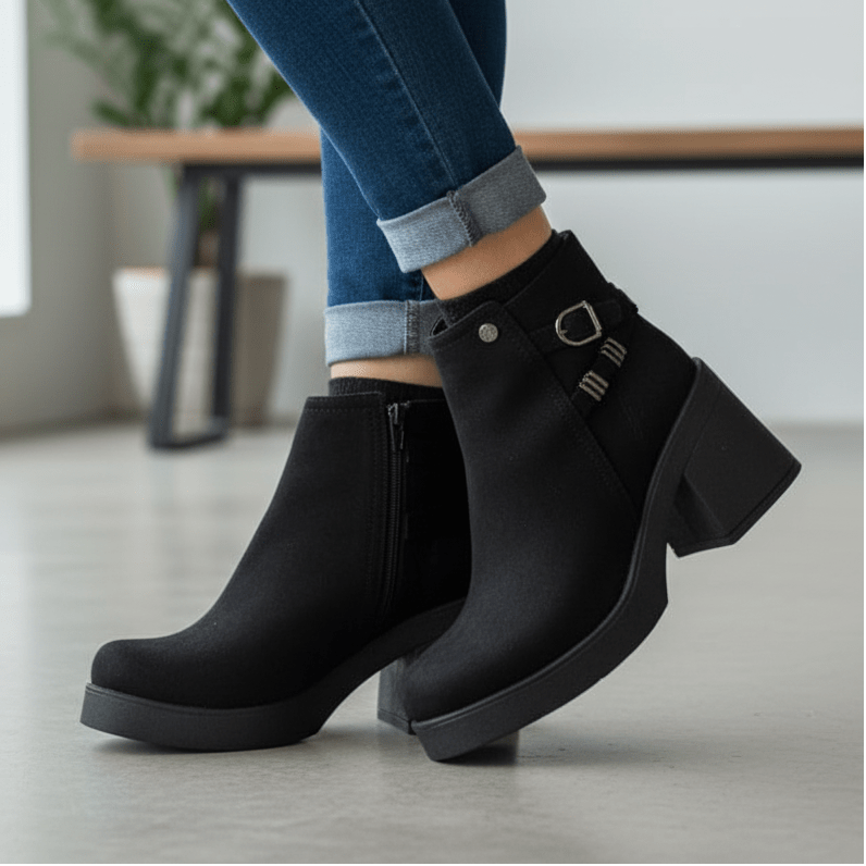 Botin De Mujer Negro Gamuza Hebilla Lateral (BA108.N) - Gabybru Calzados