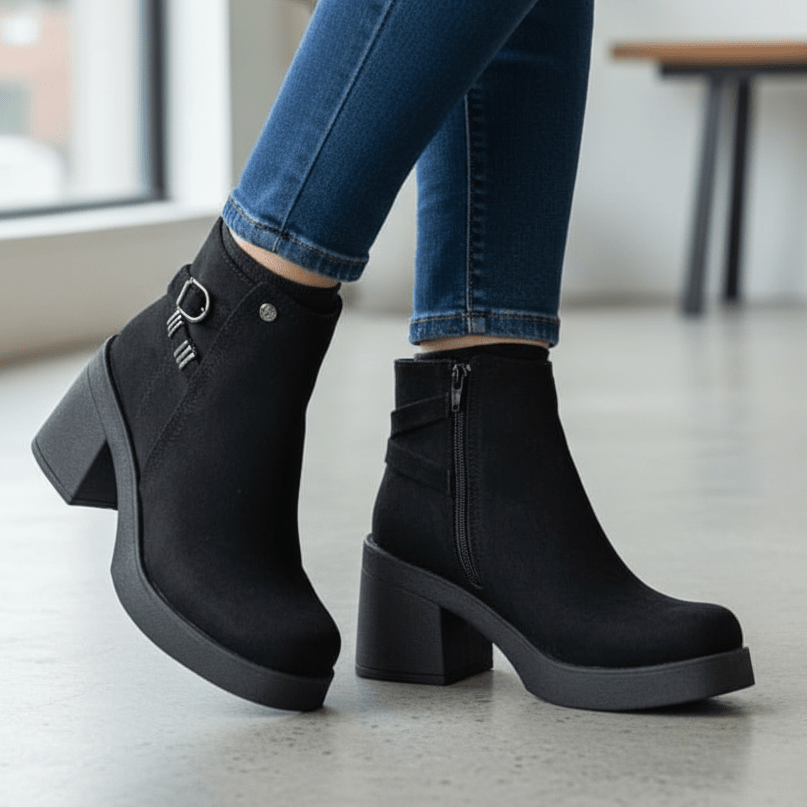 Botin De Mujer Negro Gamuza Hebilla Lateral (BA108.N) - Gabybru Calzados