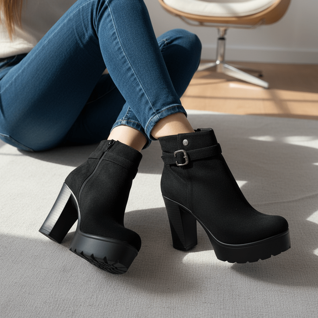 Botin de mujer negro taco alto gamuza (BA110.N) - Gabybru Calzados