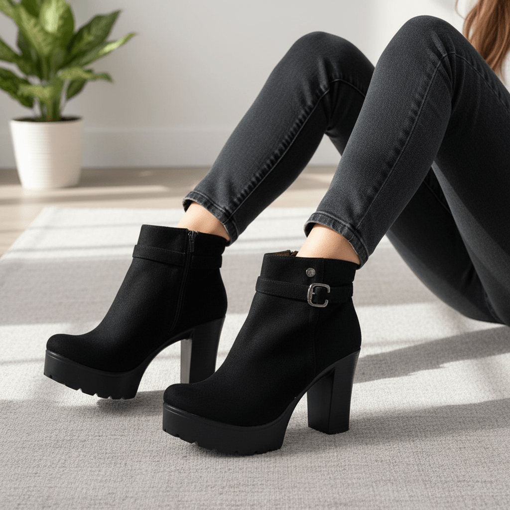 Botin de mujer negro taco alto gamuza (BA110.N) - Gabybru Calzados