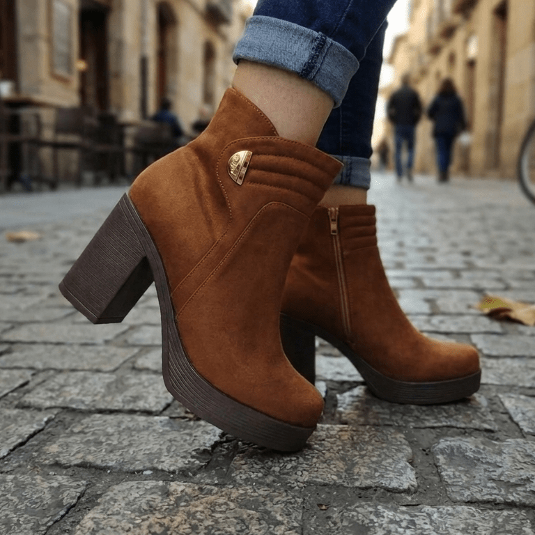 Botin Mujer Gamuza Cafe TACO Grueso y Plataforma (BA101.Ca) - Gabybru Calzados