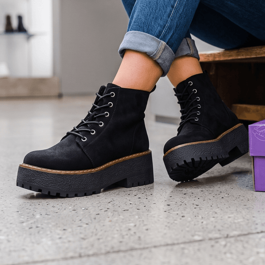 Botin Mujer Negro Gamuza Plataforma Chunky Con Cordones(BA161.N) - Gabybru Calzados
