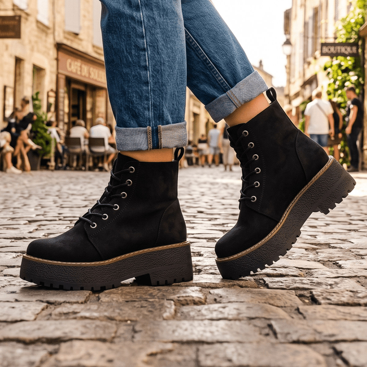 Botin Mujer Negro Gamuza Plataforma Chunky Con Cordones(BA161.N) - Gabybru Calzados