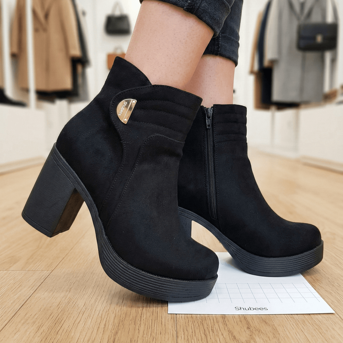 Botin Negro Mujer Taco Grueso Plataforma Gamuza Elegante(BA101.N) - Gabybru Calzados