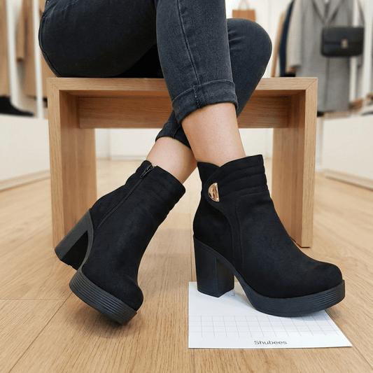 Botin Negro Mujer Taco Grueso Plataforma Gamuza Elegante(BA101.N) - Gabybru Calzados
