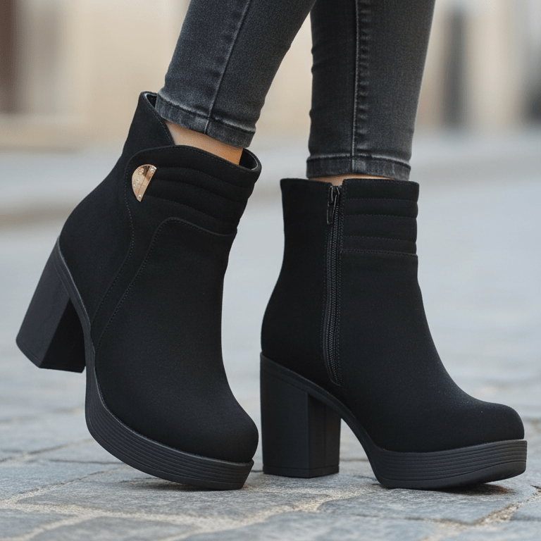 Botin Negro Mujer Taco Grueso Plataforma Gamuza Elegante(BA101.N) - Gabybru Calzados