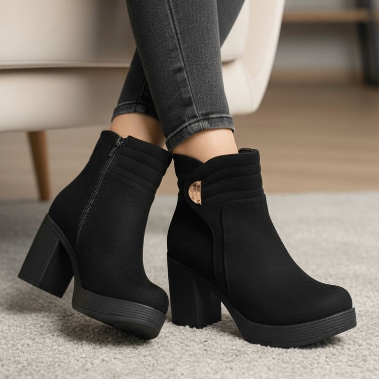Botin Negro Mujer Taco Grueso Plataforma Gamuza Elegante(BA101.N) - Gabybru Calzados