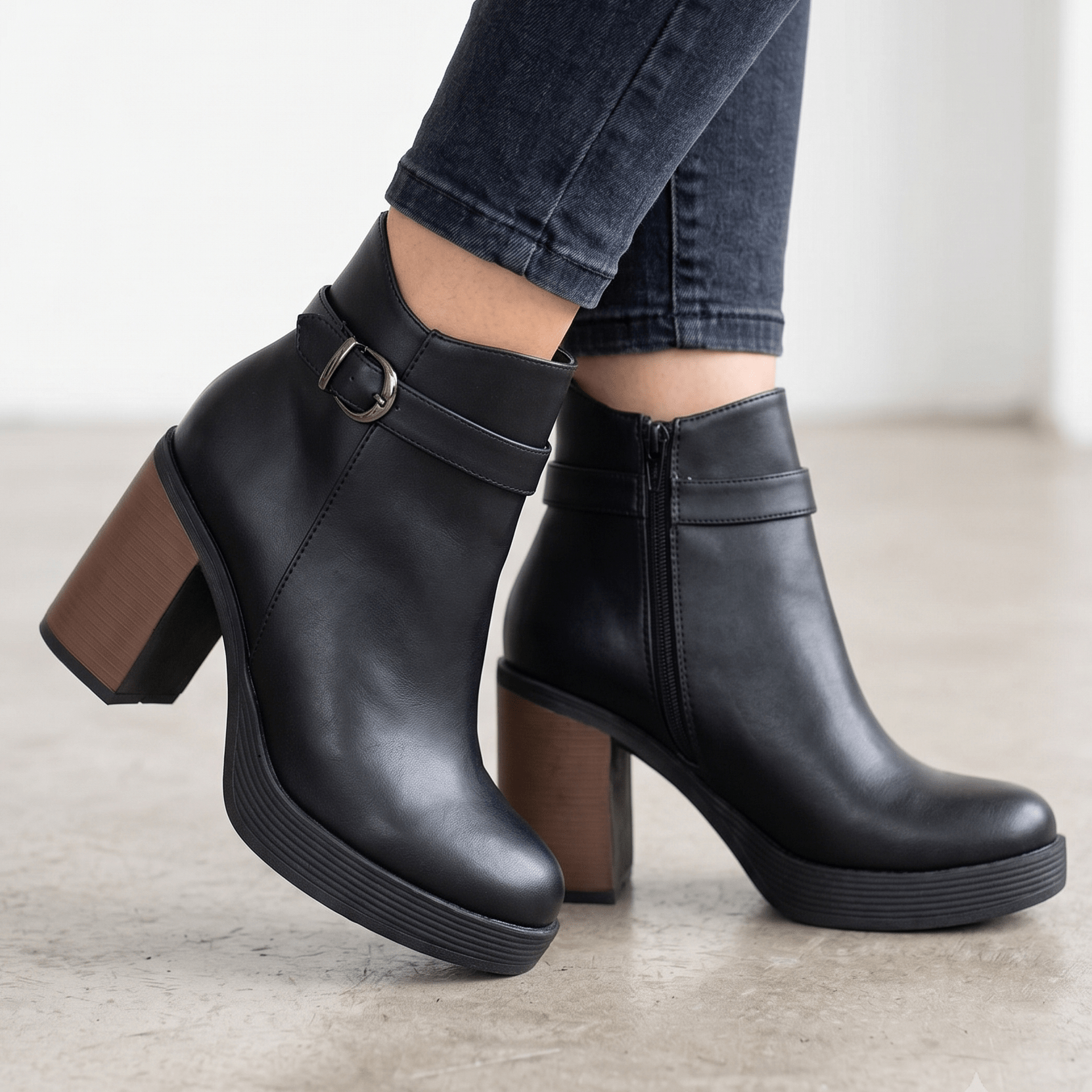 Botin Negro Tacon Grueso Mujer Plataforma con Hebilla(BA144.E) - Gabybru Calzados