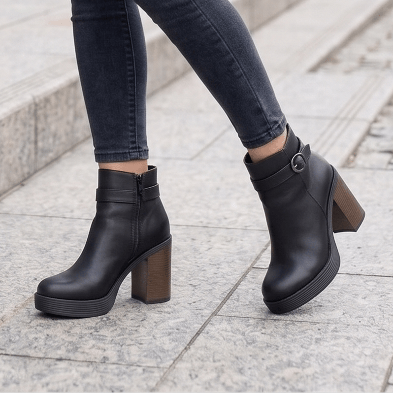 Botin Negro Tacon Grueso Mujer Plataforma con Hebilla(BA144.E) - Gabybru Calzados