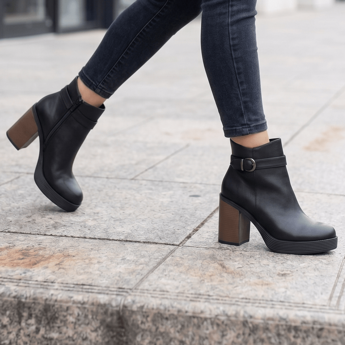Botin Negro Tacon Grueso Mujer Plataforma con Hebilla(BA144.E) - Gabybru Calzados