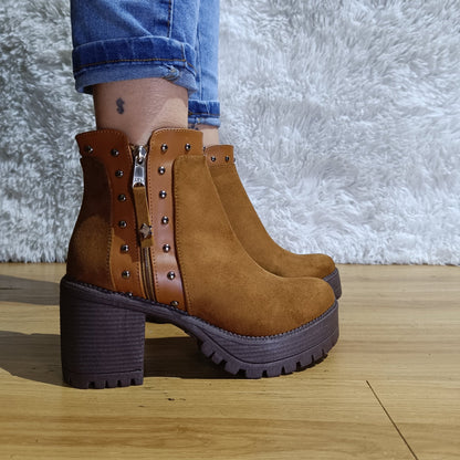 Botines Mujer Camel Taco grueso Plataforma Tachas y Cierre(BA44.CA) - Gabybru Calzados