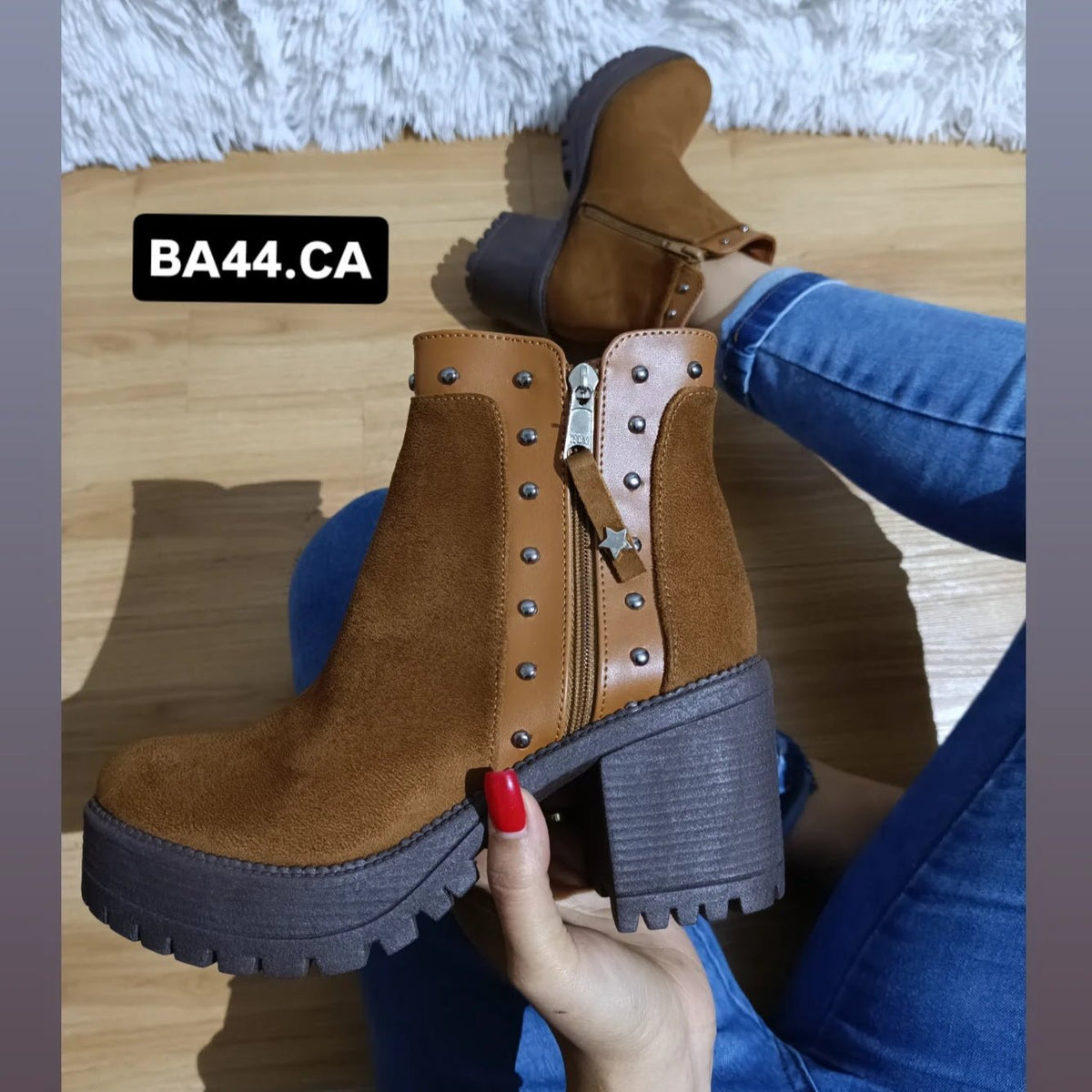 Botines Mujer Camel Taco grueso Plataforma Tachas y Cierre(BA44.CA) - Gabybru Calzados