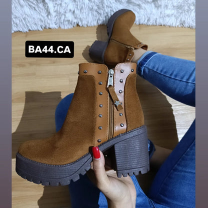 Botines Mujer Camel Taco grueso Plataforma Tachas y Cierre(BA44.CA) - Gabybru Calzados