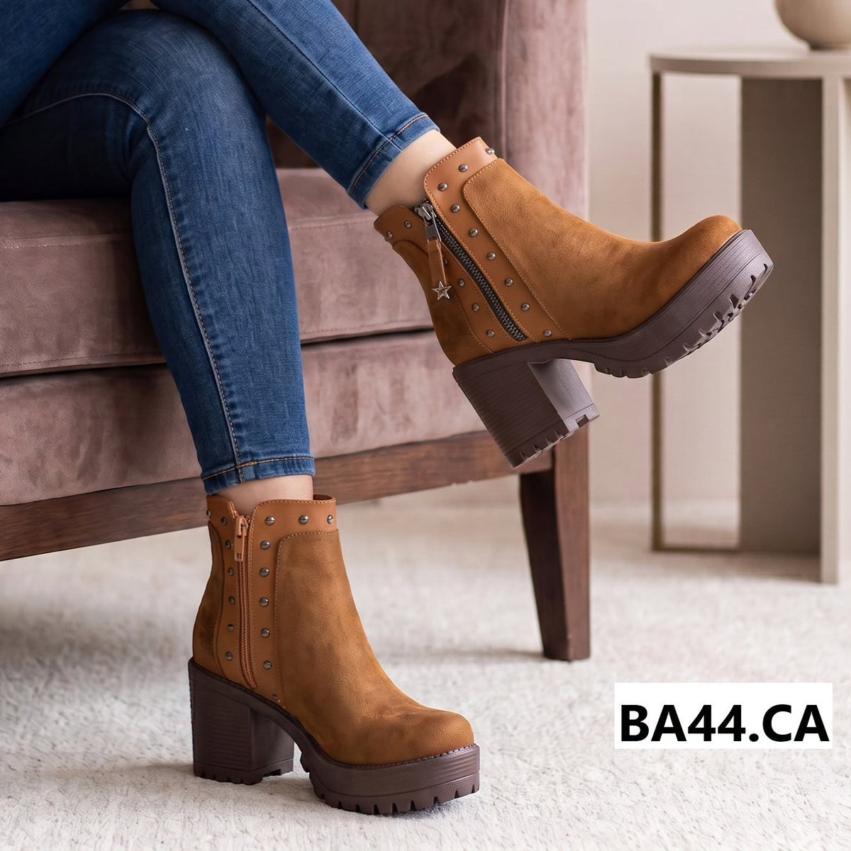 Botines Mujer Camel Taco grueso Plataforma Tachas y Cierre(BA44.CA) - Gabybru Calzados