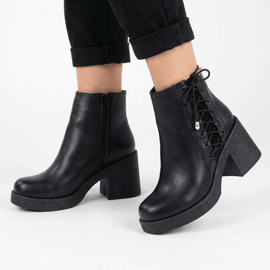Botines Negro Mujer Taco Grueso Plataforma Cordones Laterales (BA80.E) - Gabybru Calzados