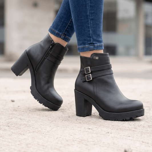 Botines Negro Tacon Grueso Mujer con Hebillas(BA155.E) - Gabybru Calzados
