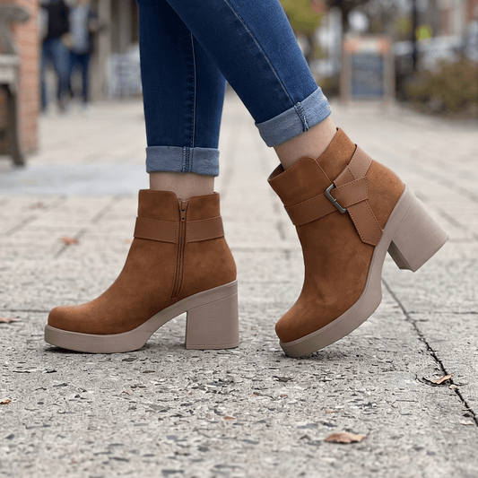 Botines Tacon Grueso Camel Gamuza Mujer(BA152.Ca) - Gabybru Calzados