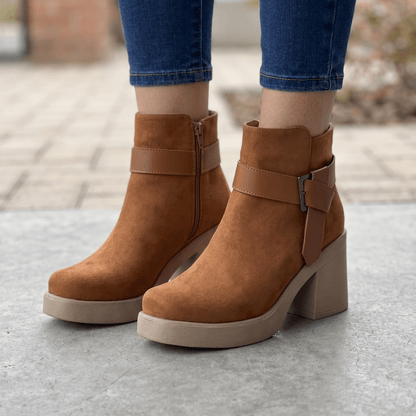 Botines Tacon Grueso Camel Gamuza Mujer(BA152.Ca) - Gabybru Calzados