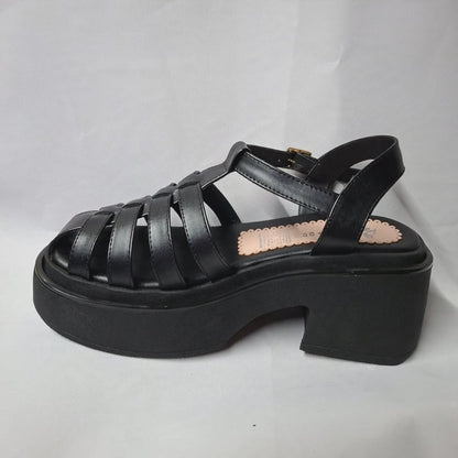 Sandalia Plataforma Negra Taco Ancho - Cangrejera con Hebilla Dorada (SL159.E)