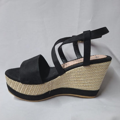 Sandalia Plataforma Mujer Cuña Yute Negra con Tiras Cruzadas(SL157.N)