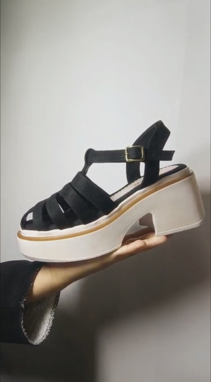 Sandalia Plataforma Cangrejera Negra Suela Hueso(SL159.NU)