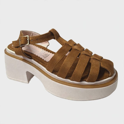 Sandalia Plataforma Café Camel Taco Ancho - Cangrejera Cómoda (SL159.CA)