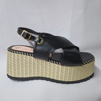 Sandalia Plataforma Mujer Cuña Yute Cruzada Negra (SL154.E)
